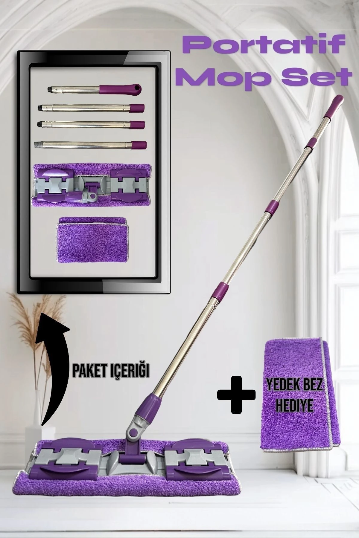 ( 1 Adet Yedek Bezli ) Portatif Sopalı Mor Renk Mandallı Yer Duvar Fayans Mikrofiber Temizlik Mopu