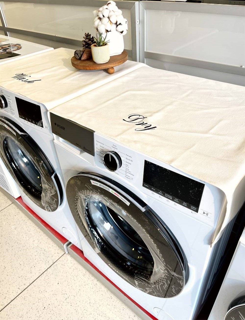Atölye No 35 Wash Çamaşır Makinesi Örtüsü & Dry Çamaşır Kurutma Makinesi Örtüsü 2'li Set Krem