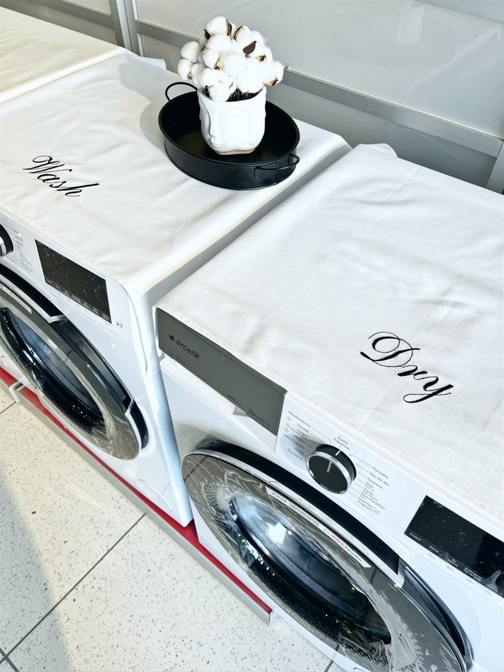 Atölye No 35 Wash Çamaşır Makinesi Örtüsü & Dry Çamaşır Kurutma Makinesi Örtüsü 2'li Set Beyaz