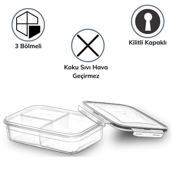 AtolyeNo35 3 Bölmeli Kilitli Kapaklı 1 Litre Erzak Saklama Kabı