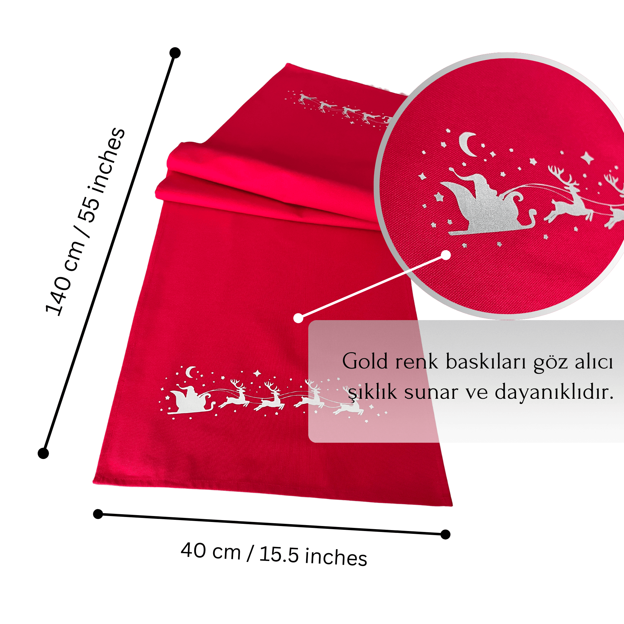 Atölye No 35 Yeniyıl Temalı Gold Noel Baba ve Geyikler Baskılı Yılbaşı Runner Kırmızı
