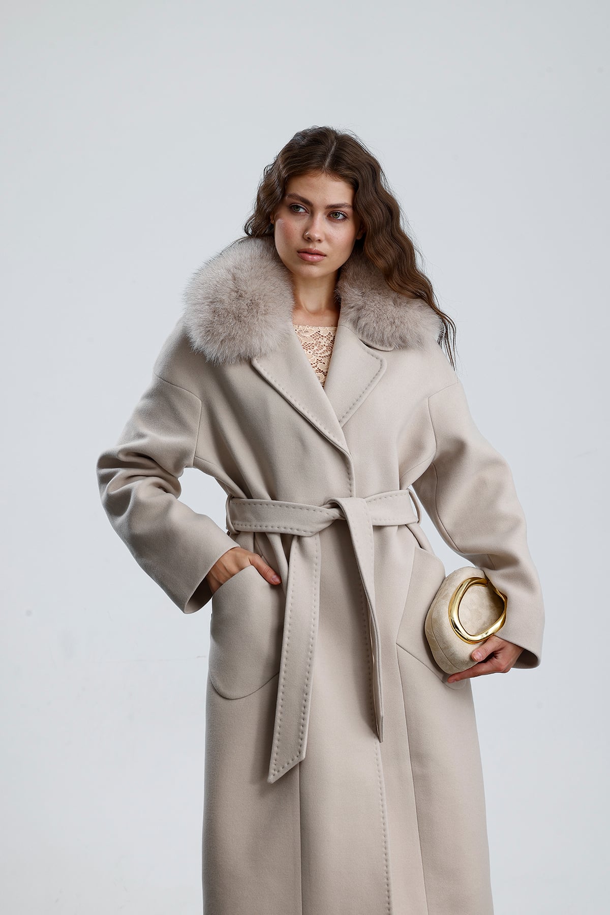 MISTY BLOOM Cashmere Coat - Taş
