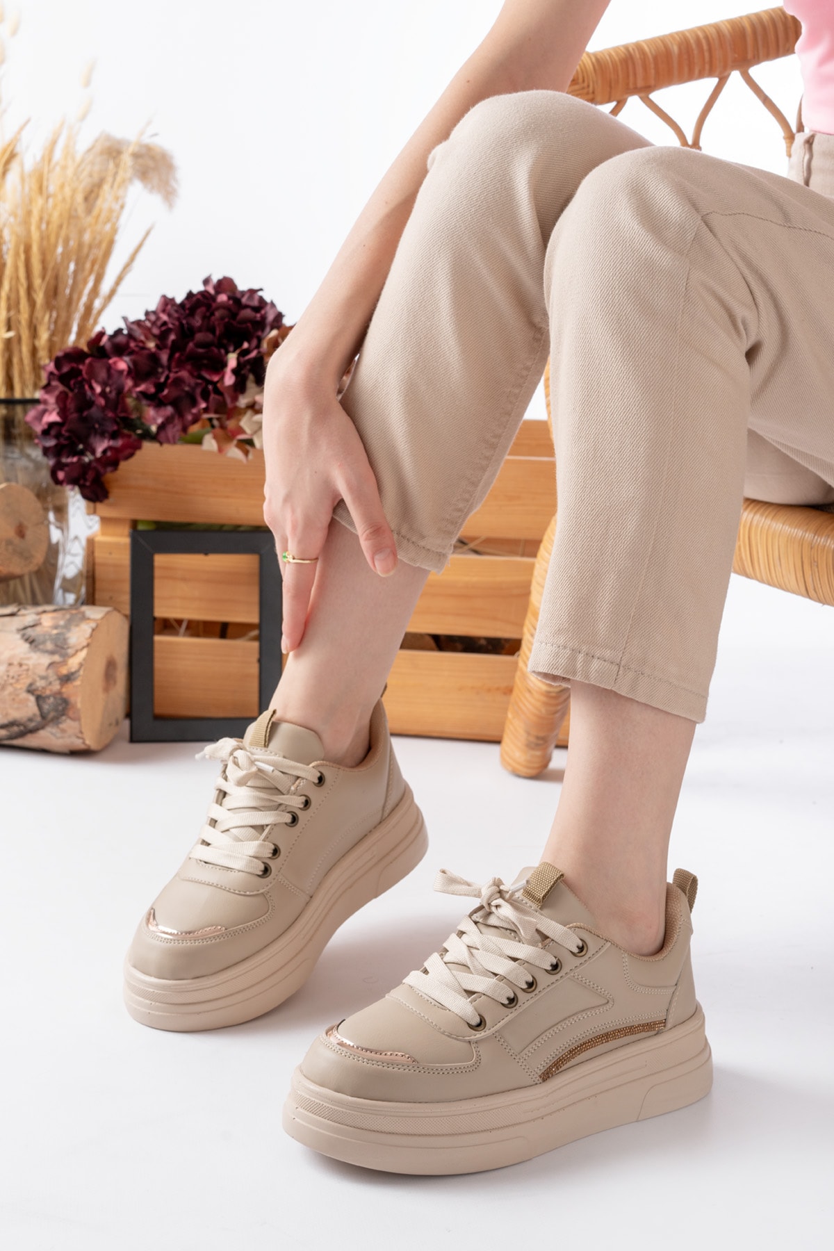 Garantili Elinda Günlük Ortopedik Kadın Sneaker Spor Ayakkabı - BEJ