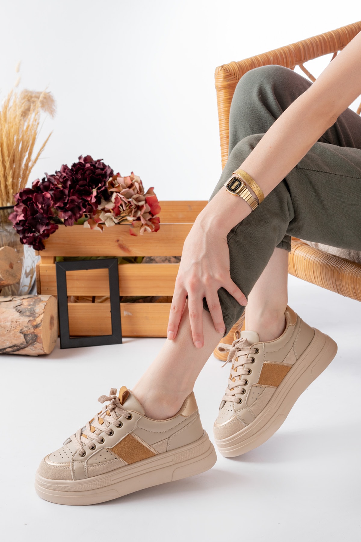 Garantili Tetra Günlük Ortopedik Kadın Sneaker Spor Ayakkabı - NUD-BEJ