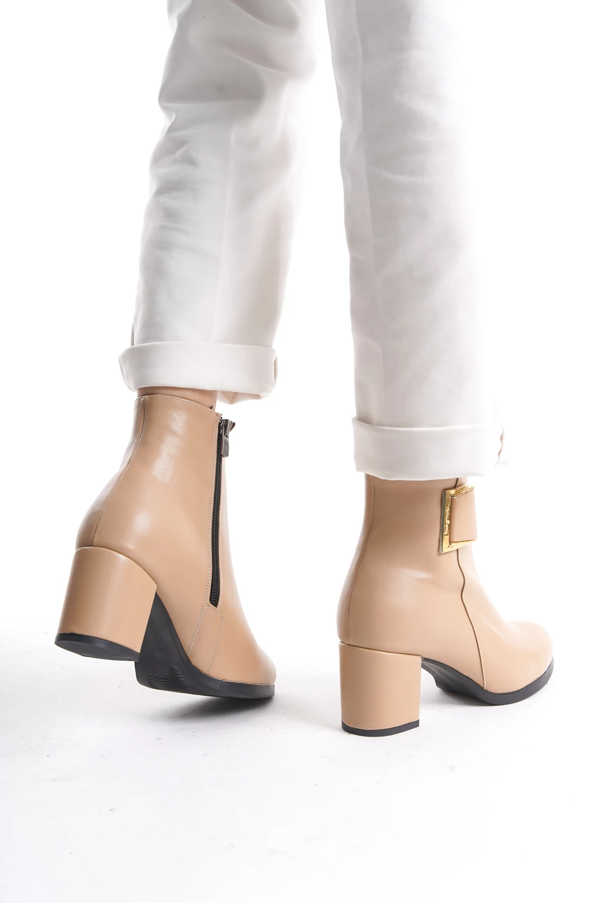 Kadın Atina Cilt Toka Detaylı Topuklu kısa Bot