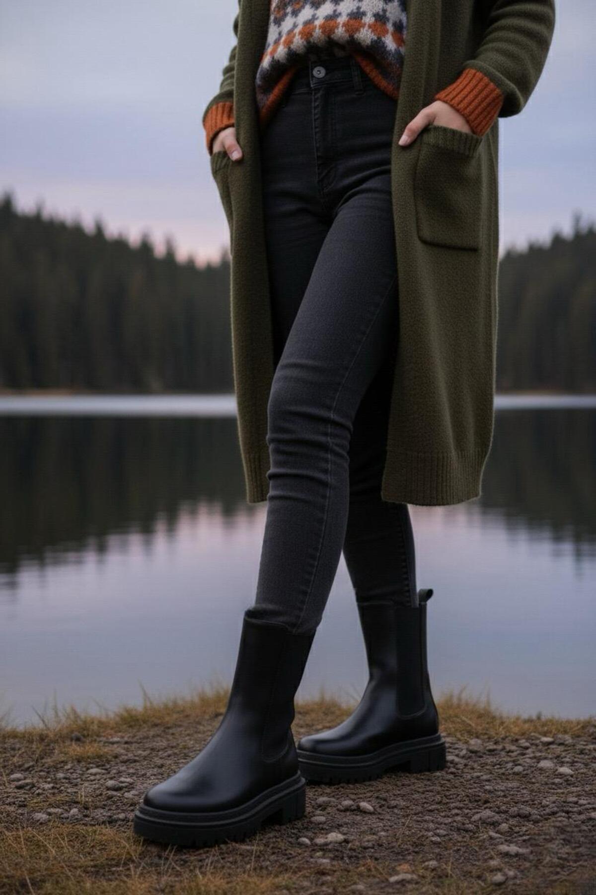 Kadın Praga Siyah Cilt Yandan Lastikli Kalın Taban Günlük Bot & Bootie