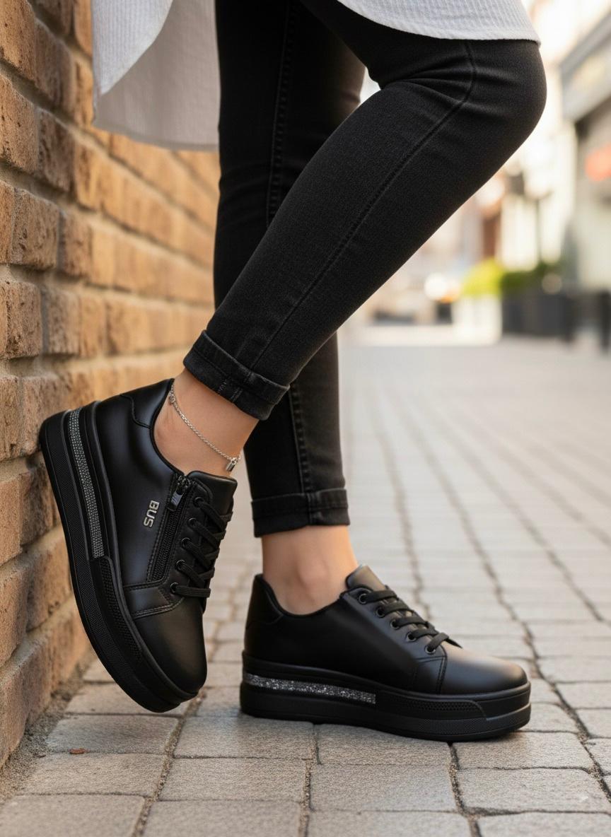 Kadın Aron Günlük Ortopedik Taban Sneaker - SİYAH