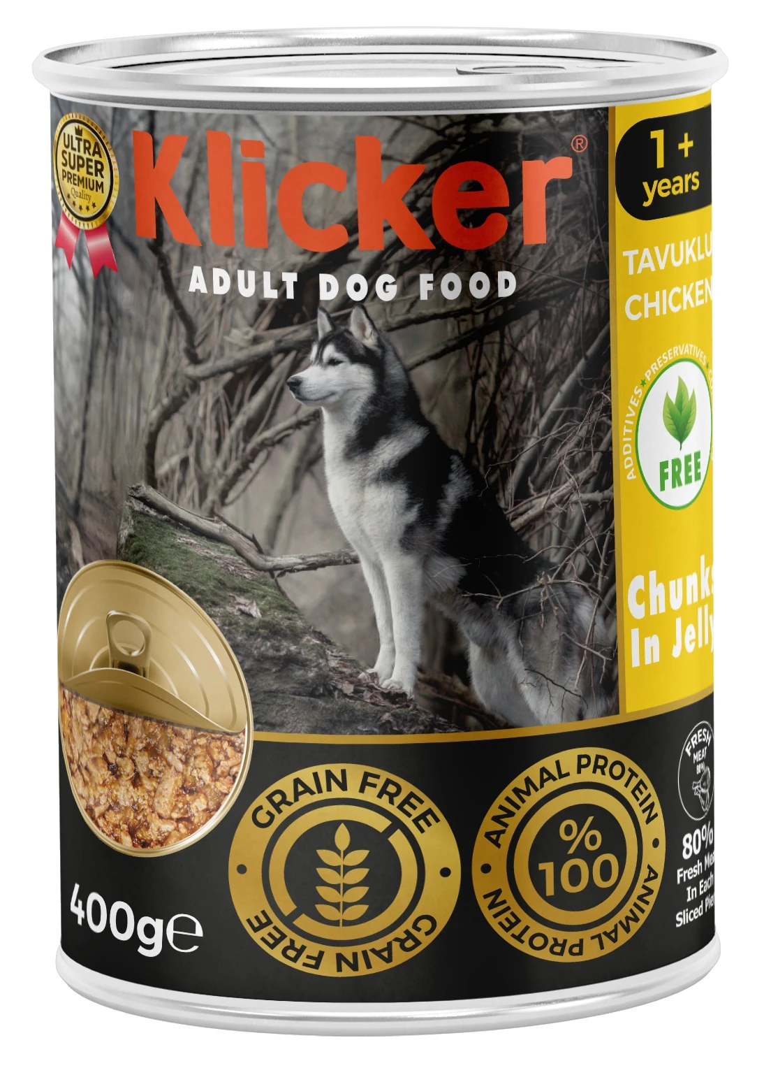 KLICKER 12 ADET JÖLELİ PARÇA ETLİ YETİŞKİN KÖPEK KONSERVE YAŞ MAMASI TAVUKLU 400 GR