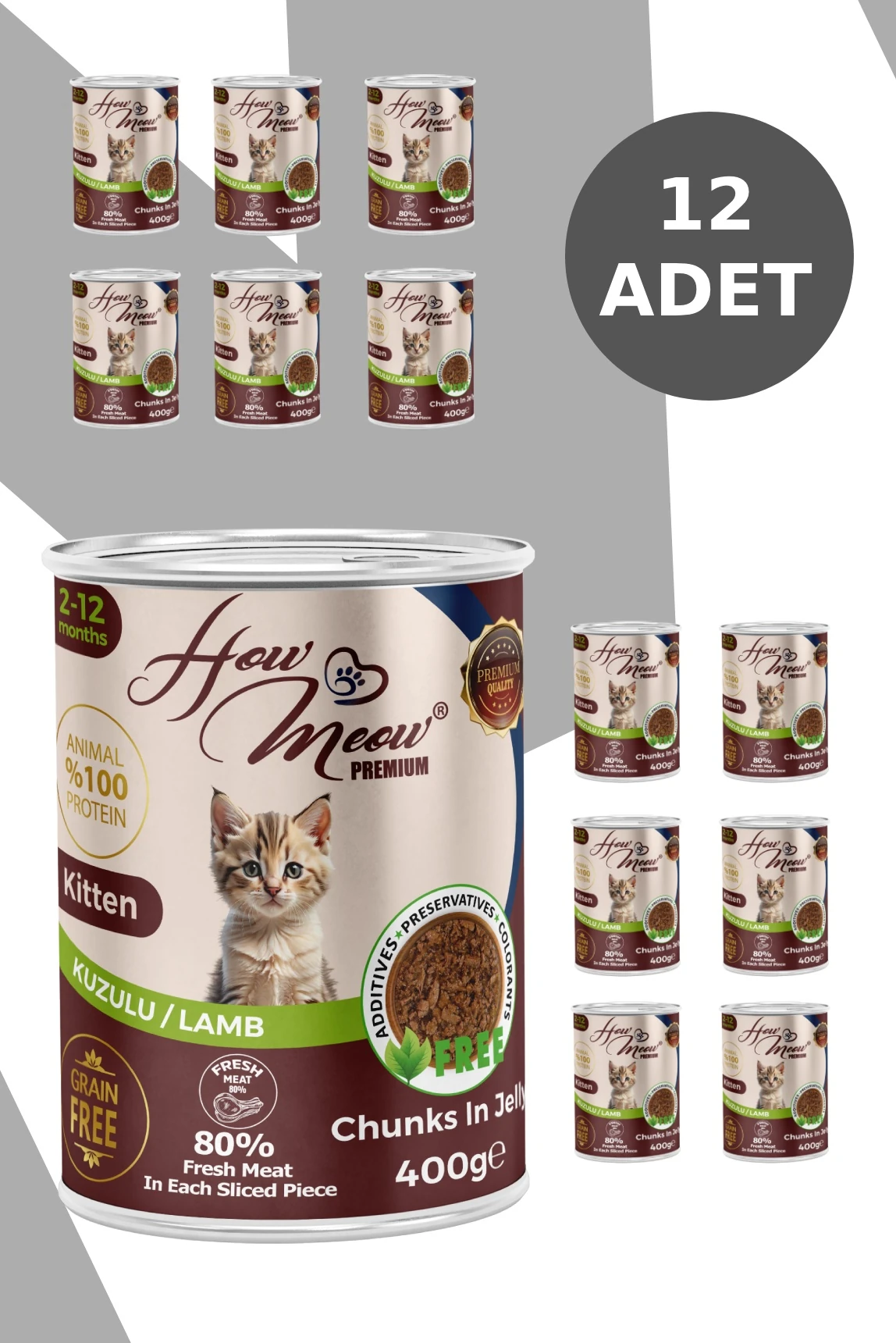 HOW MEOW 12 ADET JÖLELİ PARÇA ETLİ YAVRU KEDİ YAŞ MAMASI KUZULU 400 GRAM