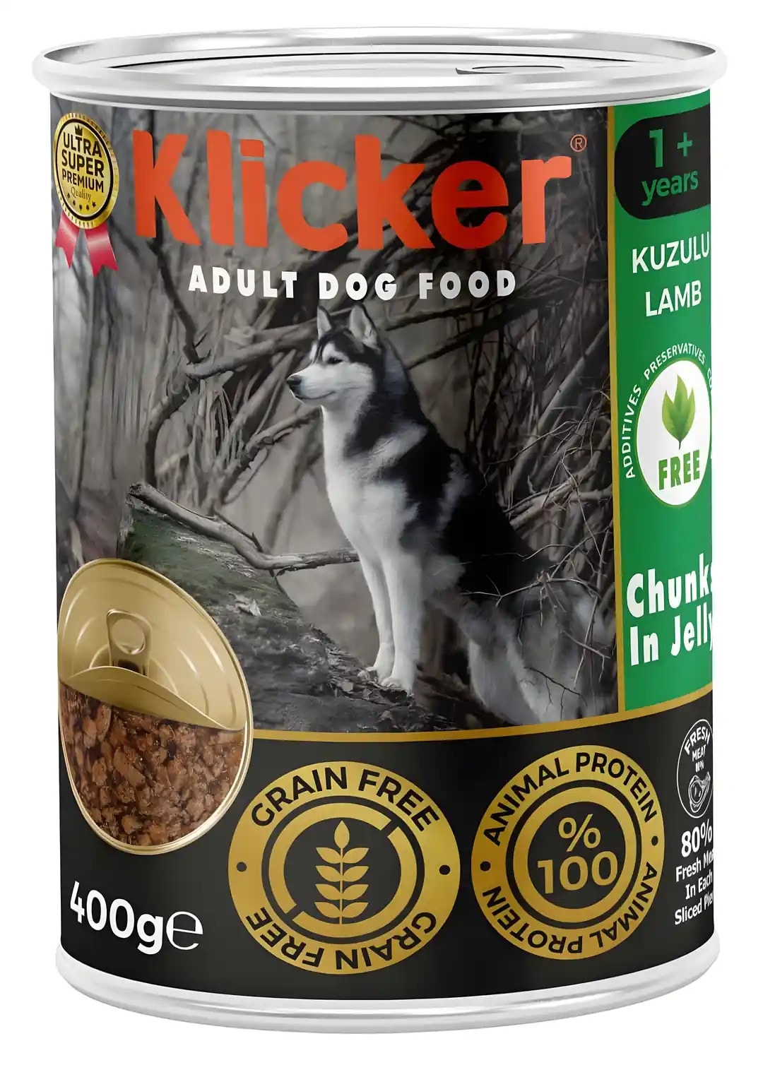 KLICKER 12 ADET JÖLELİ PARÇA ETLİ YETİŞKİN KÖPEK KONSERVE YAŞ MAMASI KUZULU 400 GR