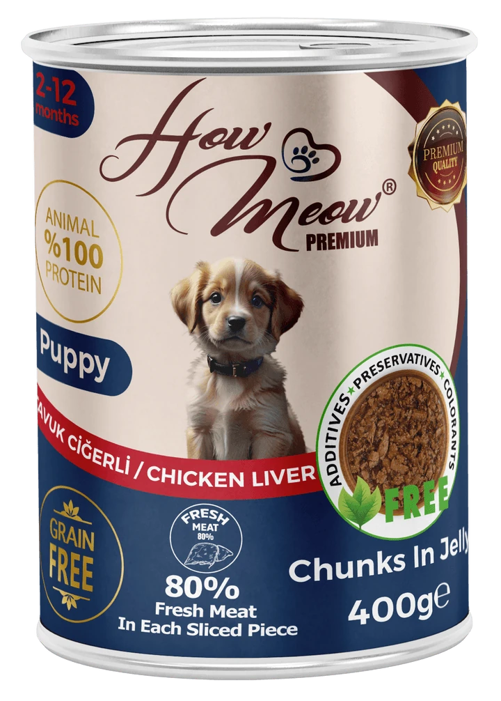 HOW MEOW 12 ADET JÖLELİ PARÇA ETLİ YAVRU KÖPEK YAŞ MAMASI TAVUK CİĞERLİ 400 GRAM