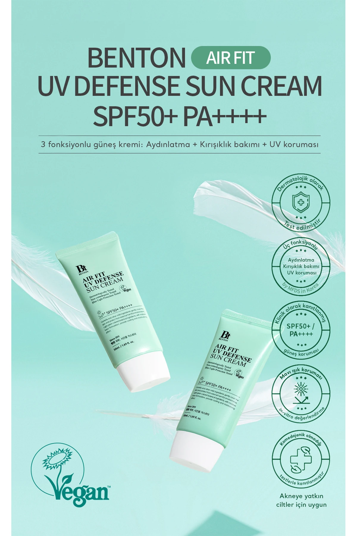 Air Fit Güçlü Uv & Mavi Işık Yüksek Korumalı Nemlendirici Vegan Cica Güneş Kremi Spf50 Pa 50ml