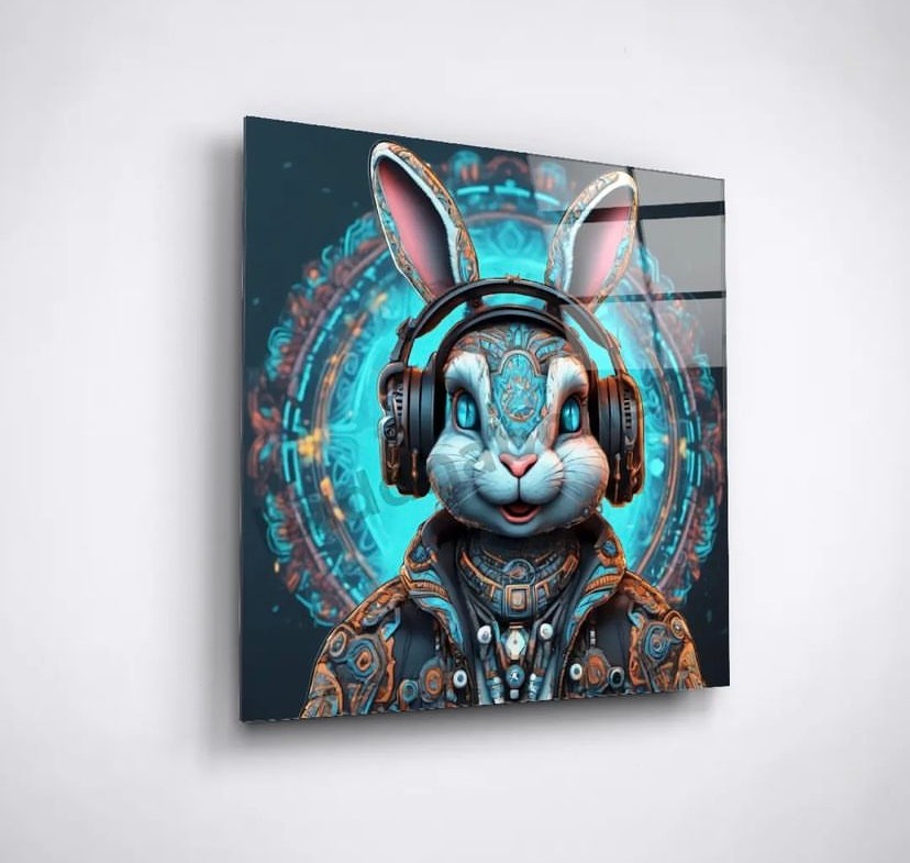 "Modern Sanatın Işıltısı: Neon Tavşan Cam Tablosu" image