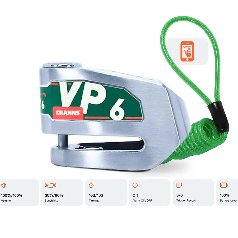 CRANNS VP6 Alarmlı Disk Kilidi Bluetooth App Kontrollü Motosiklet Bisiklet 304 Paslanmaz 6 mm