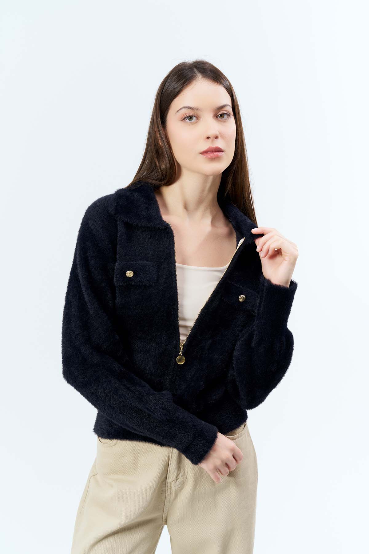 Angora Fermuarlı Gömlek Yaka Hırka