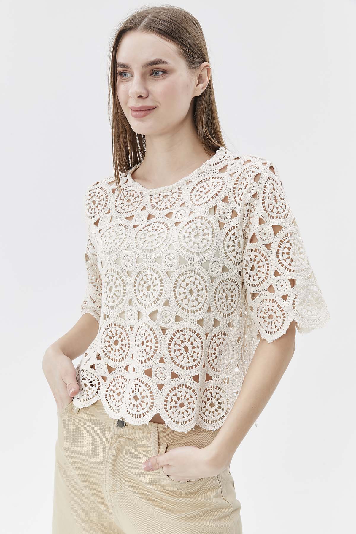 Kısa Kollu Kroket Bluz Crop Atlet