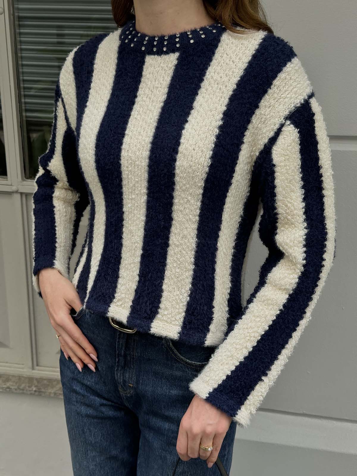 Angora Boyuna Çizgili Crop Kazak