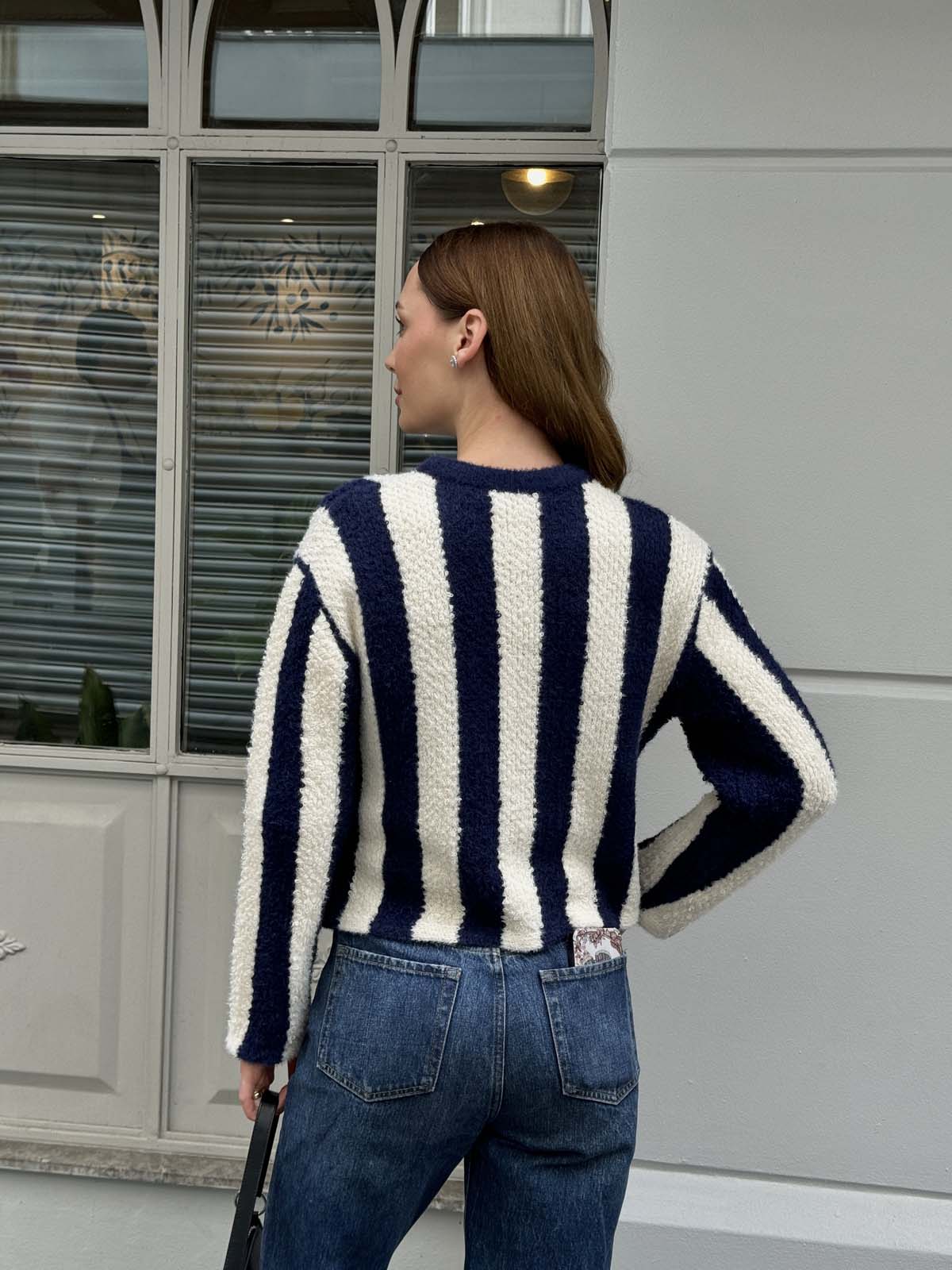 Angora Boyuna Çizgili Crop Kazak