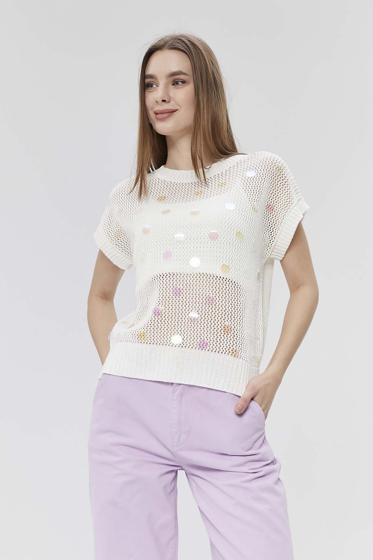 Ajurlu Pul Detaylı Süveter Bluz Crop Atlet