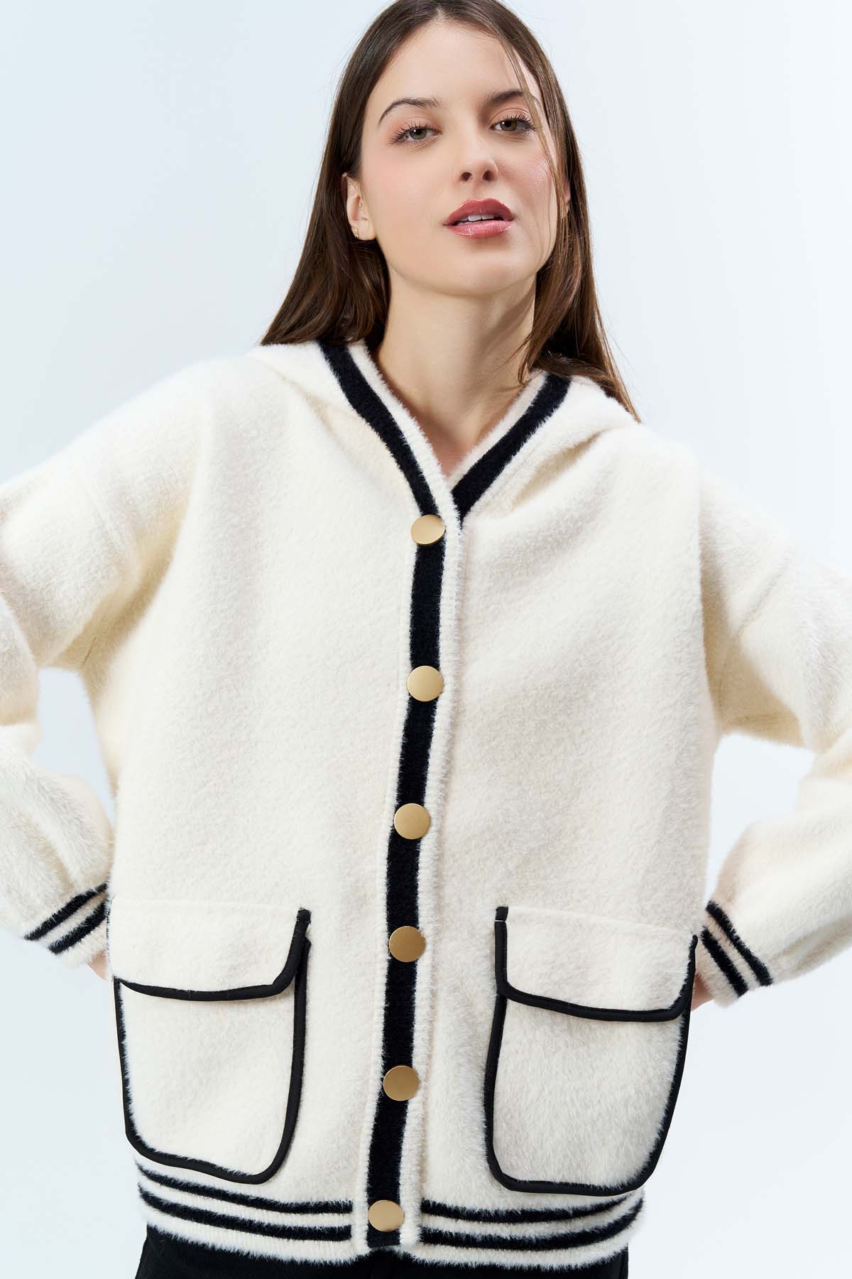 Angora Kapşonlu Cepli Hırka