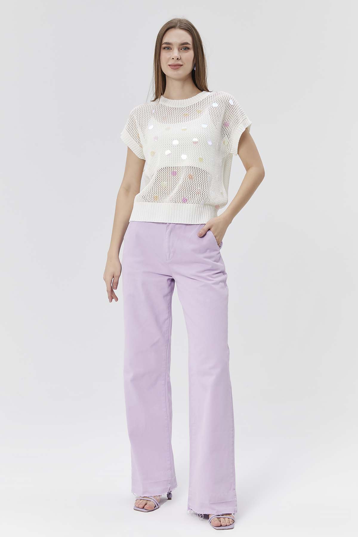 Ajurlu Pul Detaylı Süveter Bluz Crop Atlet