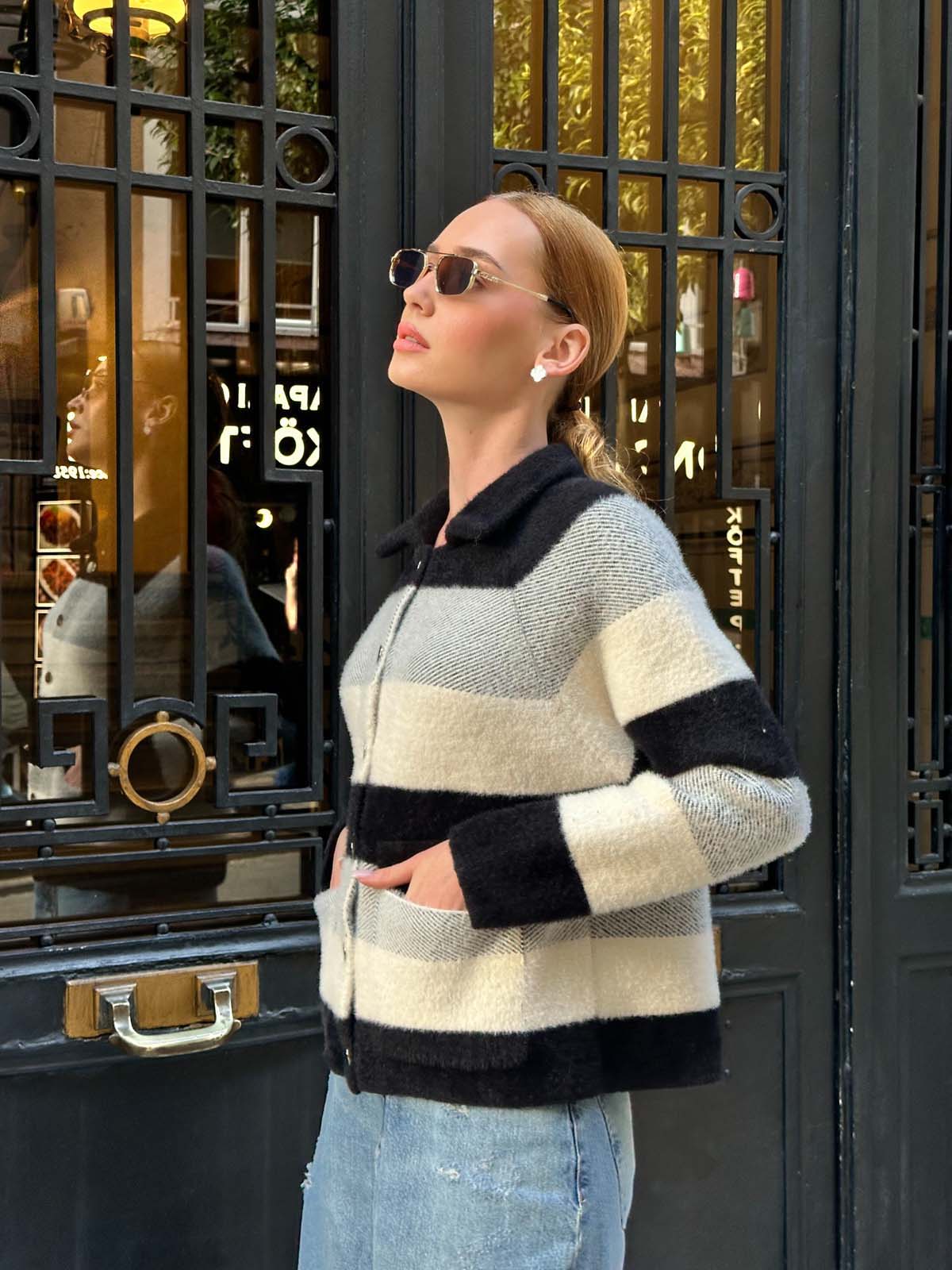 Angora Çizgili Gömlek Yaka Hırka