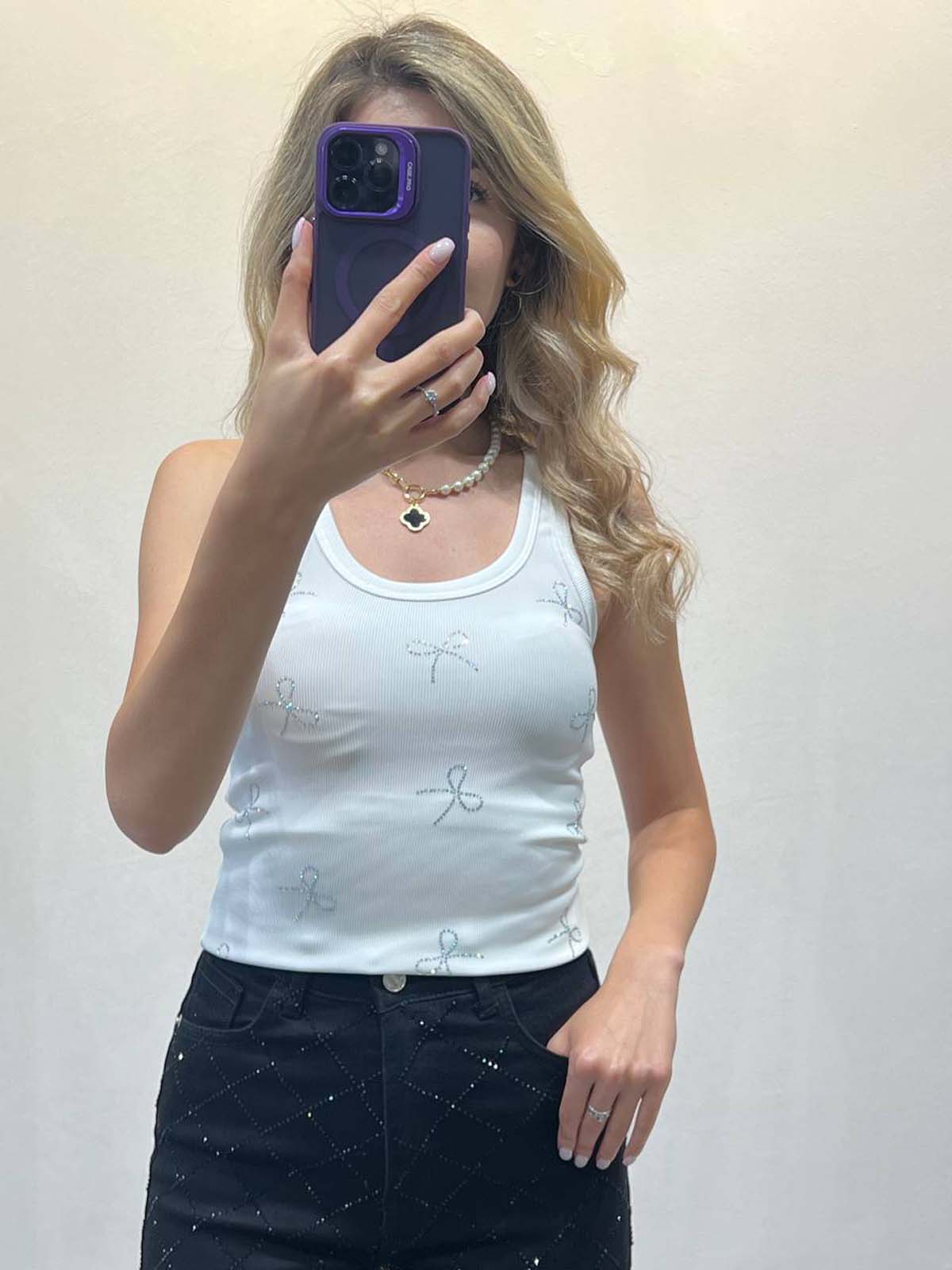 Kelebek Taşlı Atlet Crop Bluz