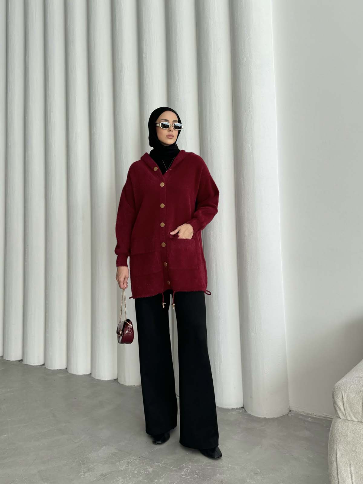 Angora Kapşonlu Uzun Hırka