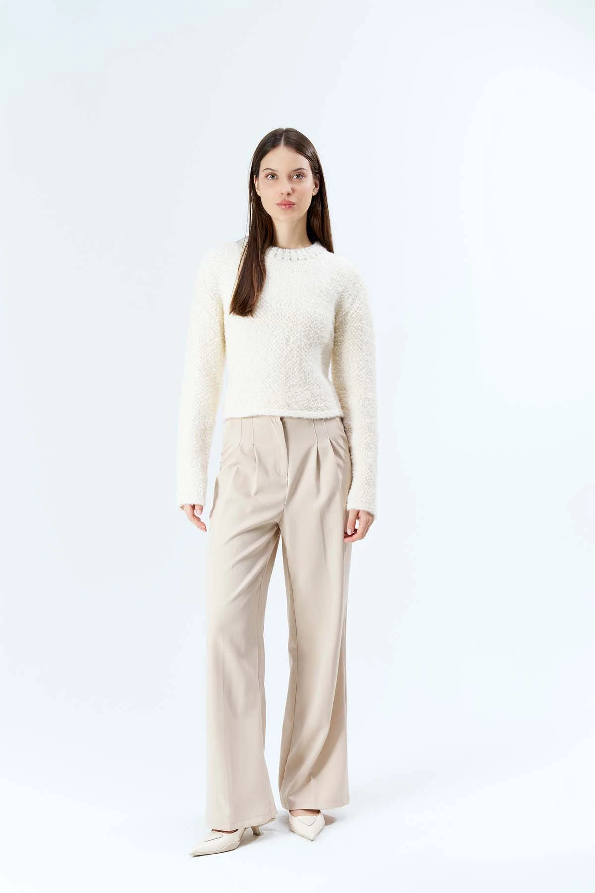 Angora Taş Detaylı Crop Kazak