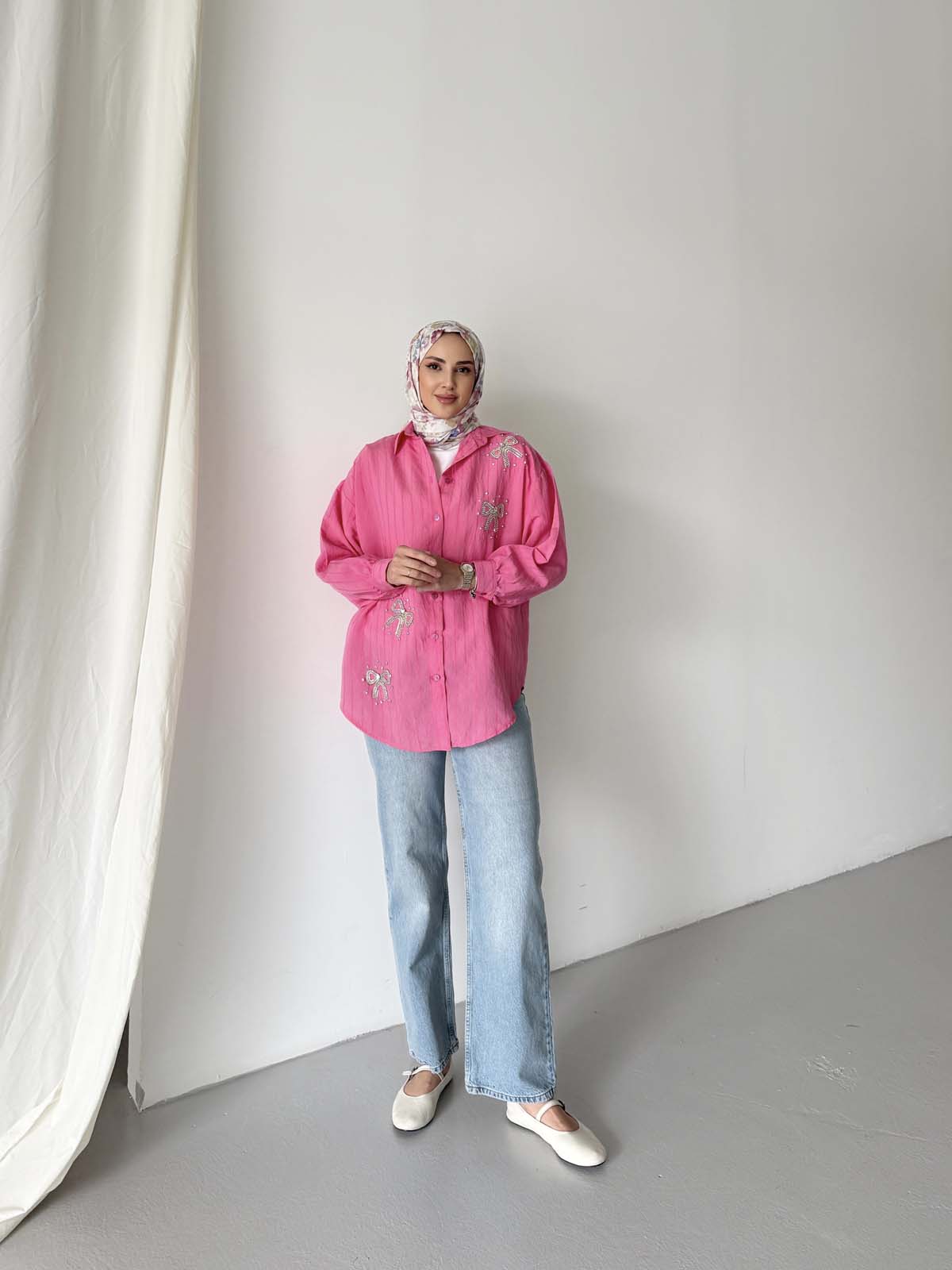 Fiyonk Desenli Taşlı  Seul Gömlek