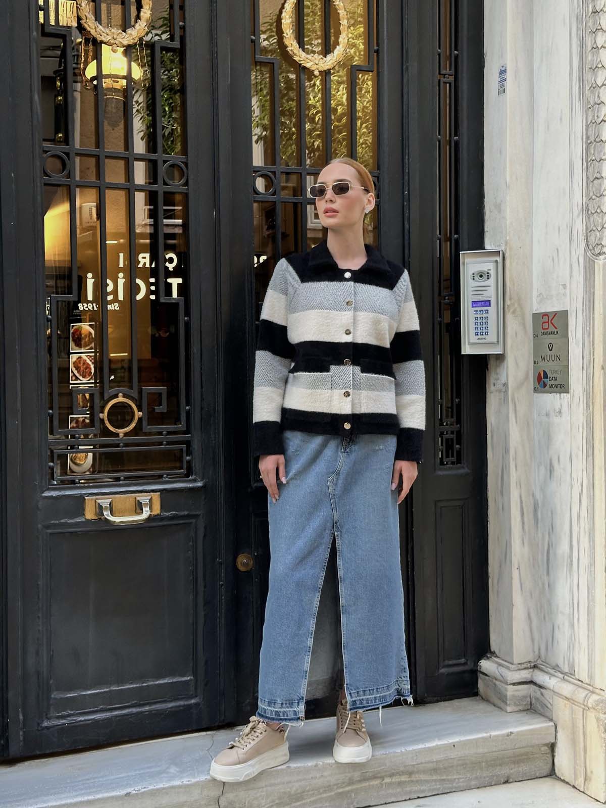 Angora Çizgili Gömlek Yaka Hırka