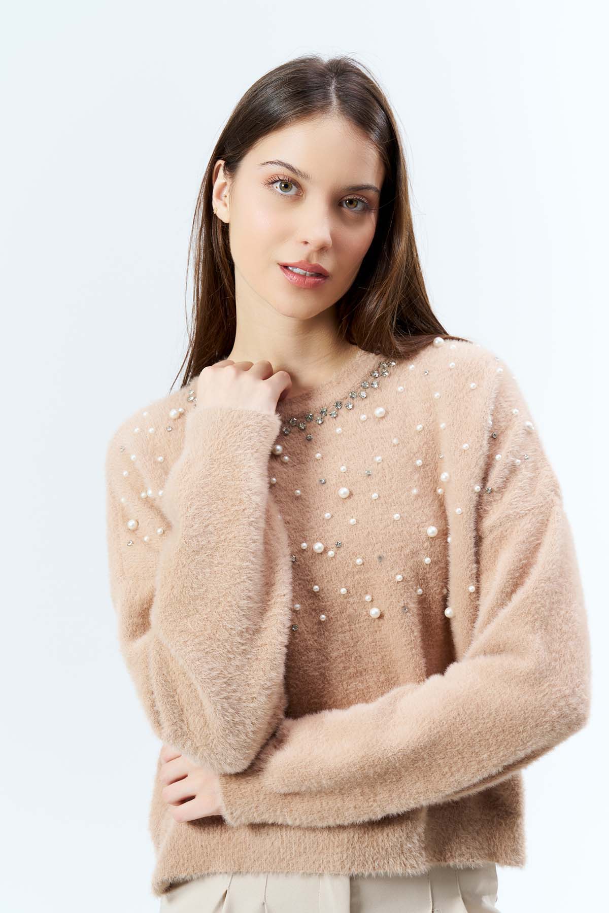 Angora Serpme İncili Yaka Taşlı Kazak