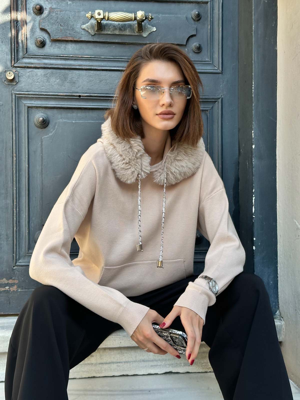 Korsman Kürklü Kanguru Cepli Kazak