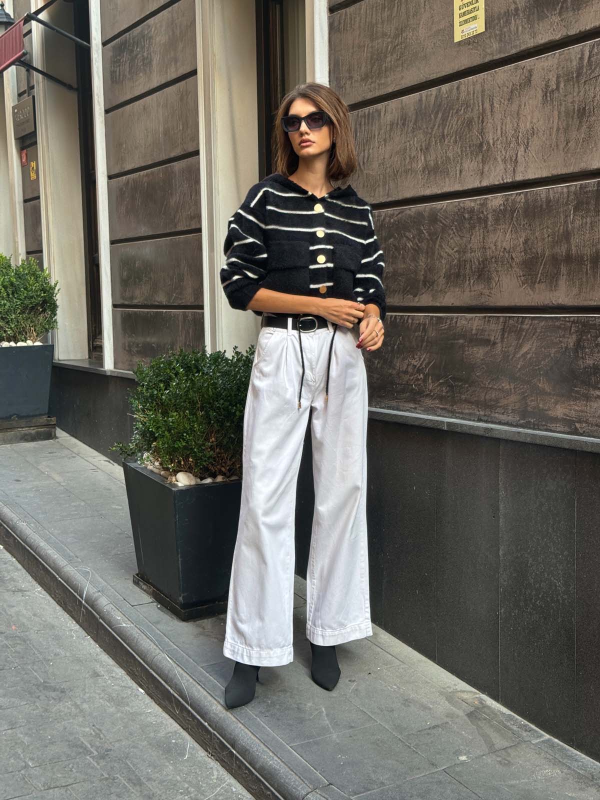 Angora Kaşonlu Çizgili Hırka