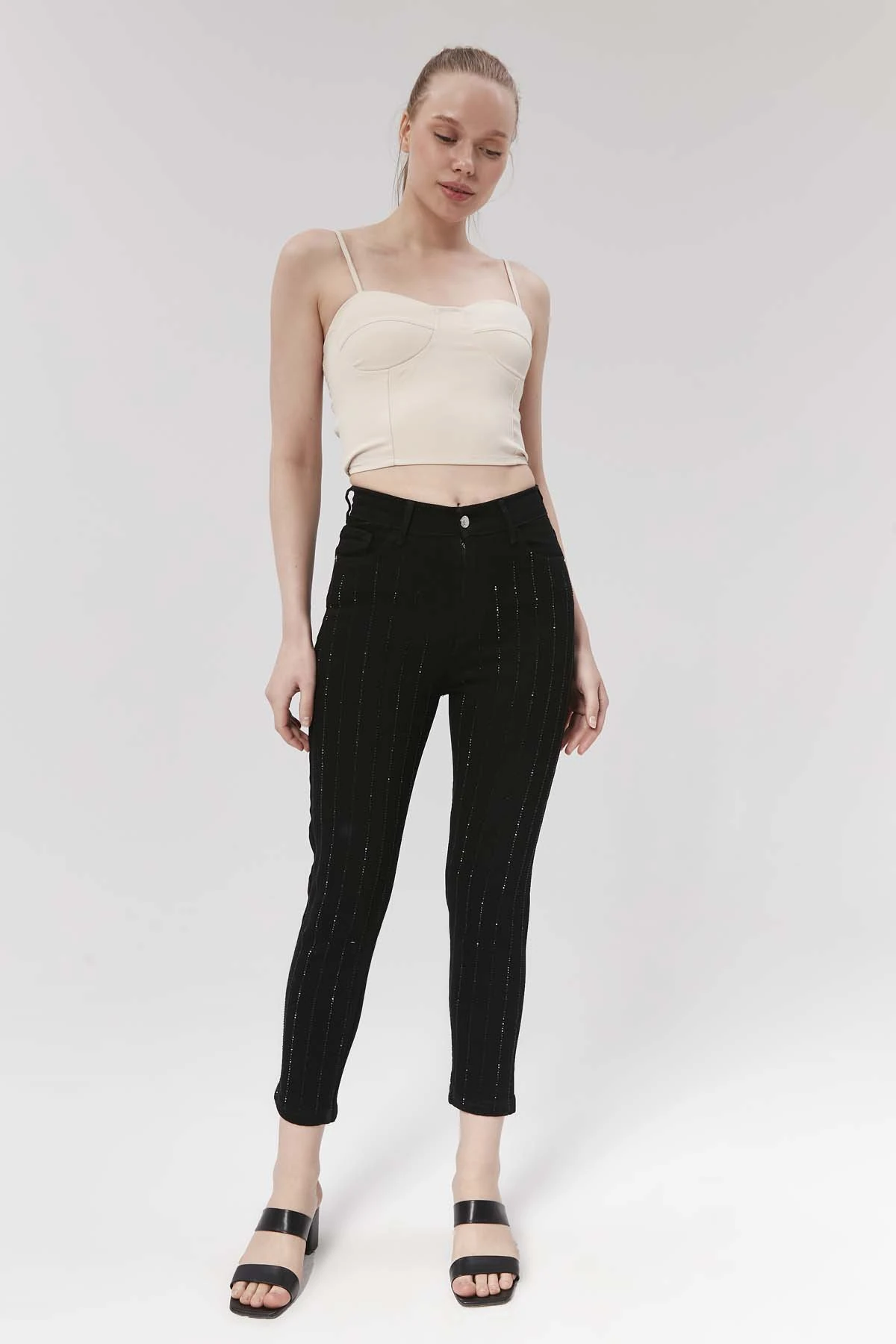 Şeritli  Taşlı  BoyFrend   Kot Pantolon