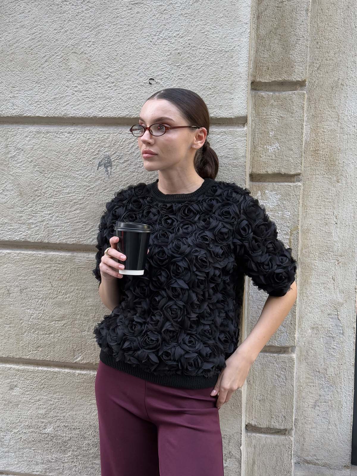 Pamuk Gül Tül Kumaşlı Kısa Kollu Kazak