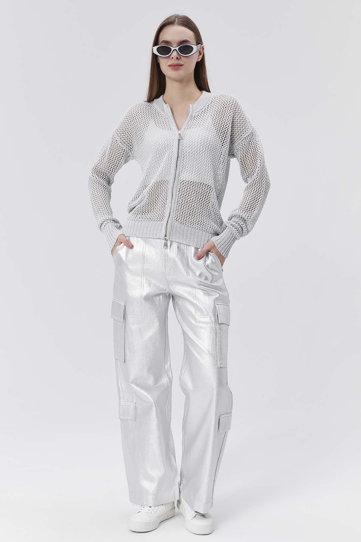 Simli Ajurlu Fermuarlı Ceket