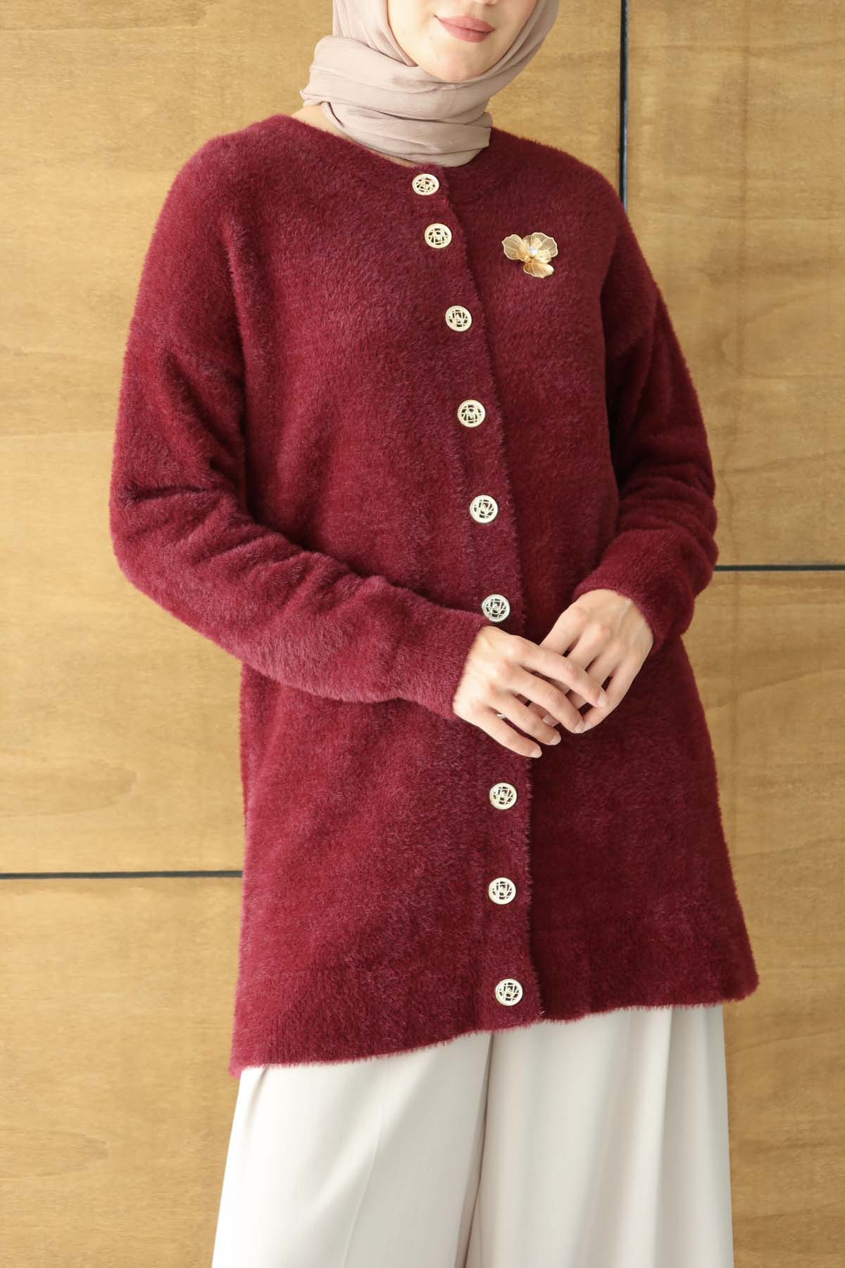 Angora Broşlu Uzun Ceket