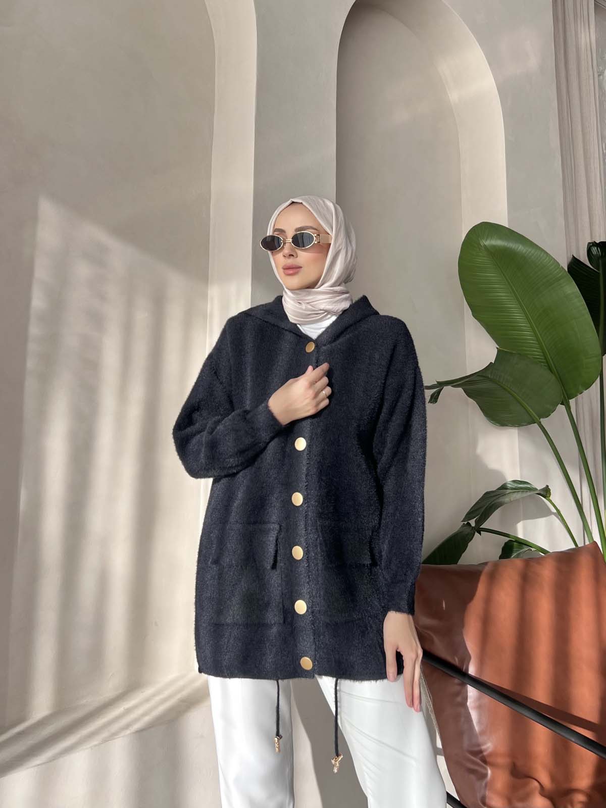 Angora Kapşonlu Uzun Hırka