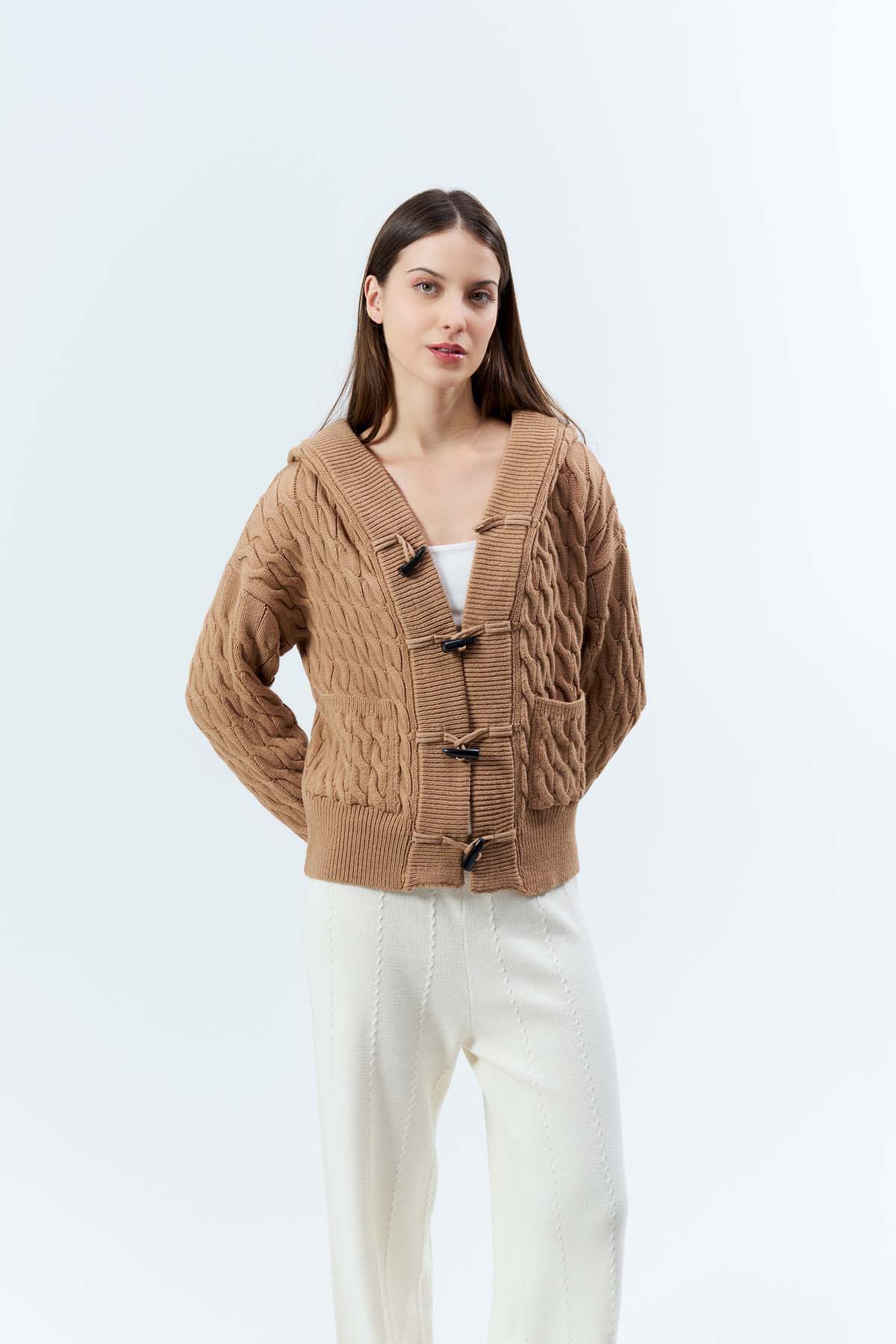 SaçÖrgülü Kapşonlu Cepli Ceket