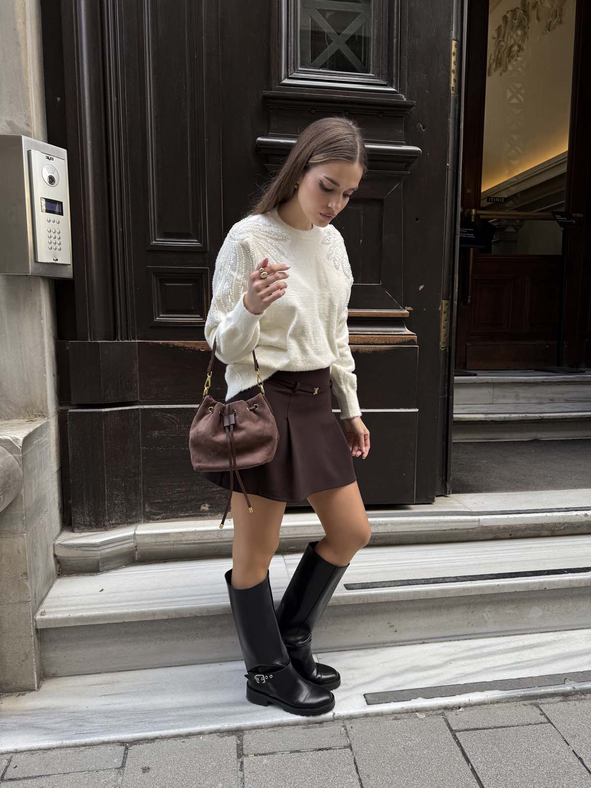 Angora Boncuklu Bisiklet Yaka Kazak