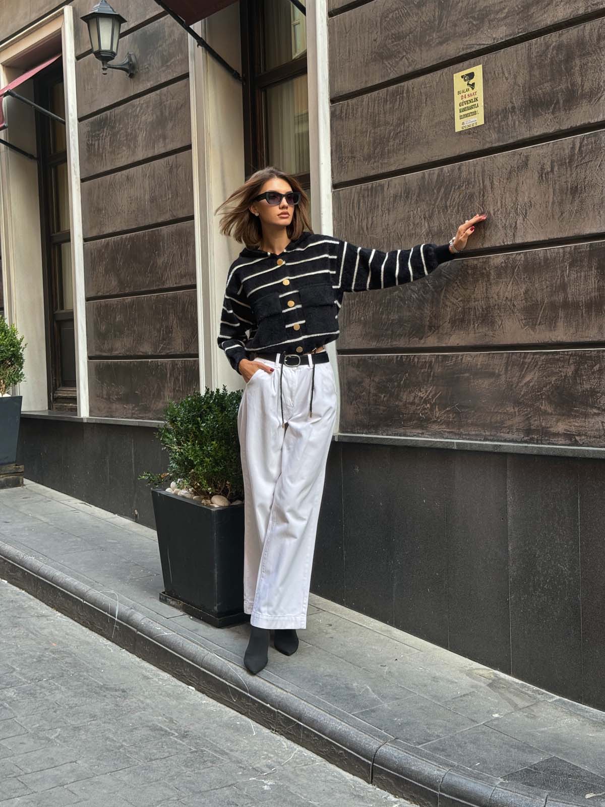 Angora Kaşonlu Çizgili Hırka