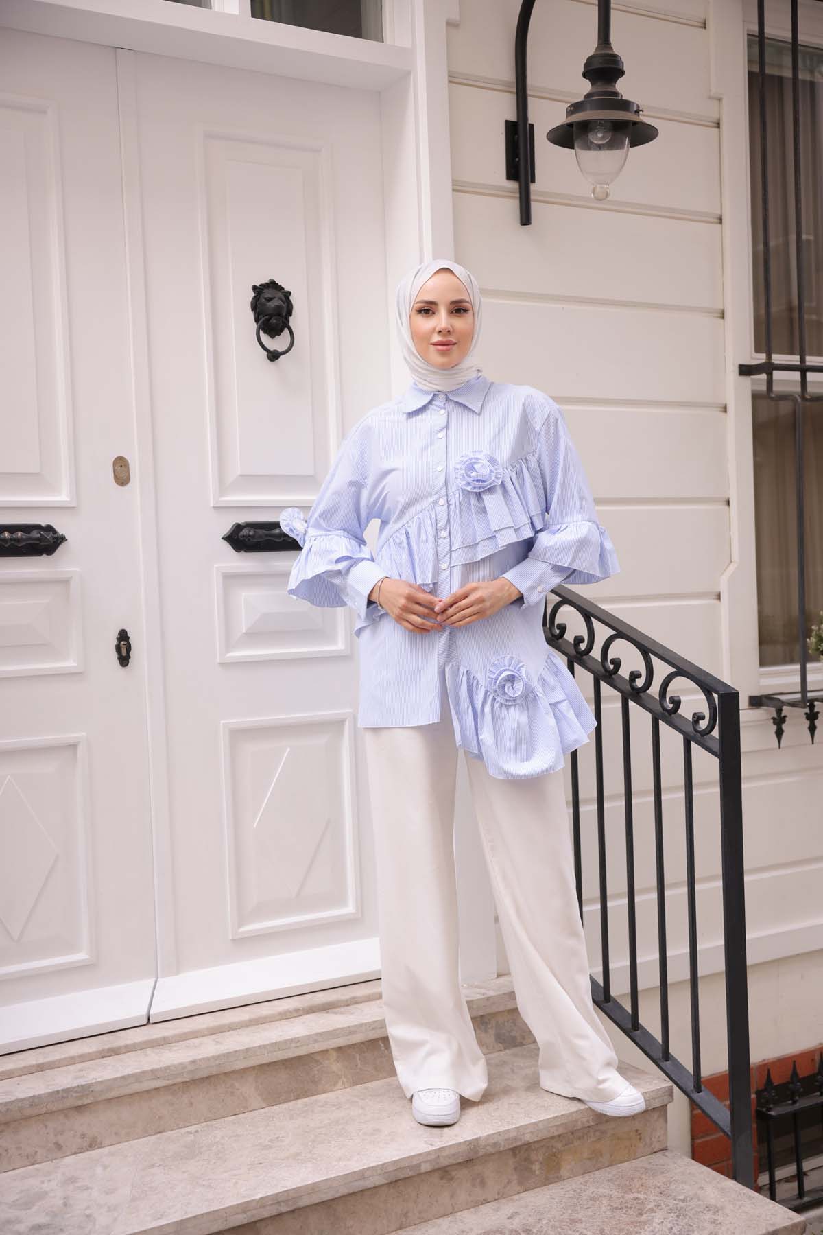 Fırfırlı Çizgili  Gömlek