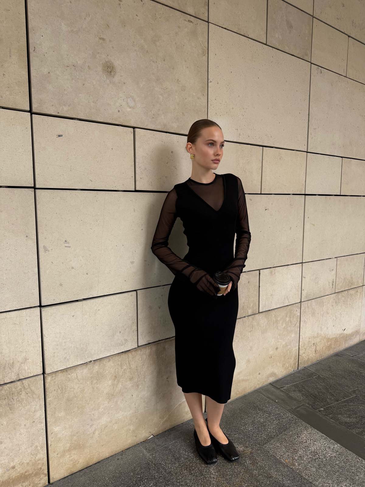 Kolları Tüllü Merserize Elbise