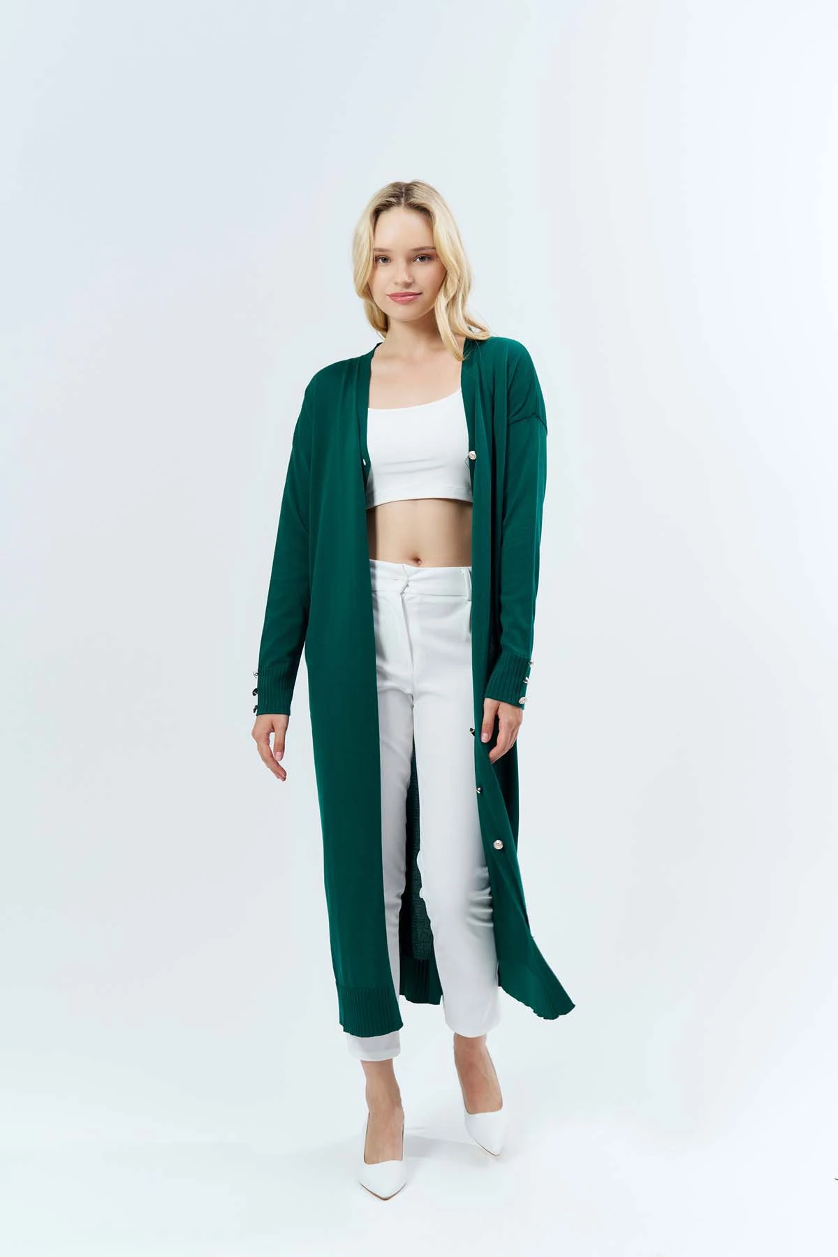 Kol Manşeti Düğmeli Uzun Hırka