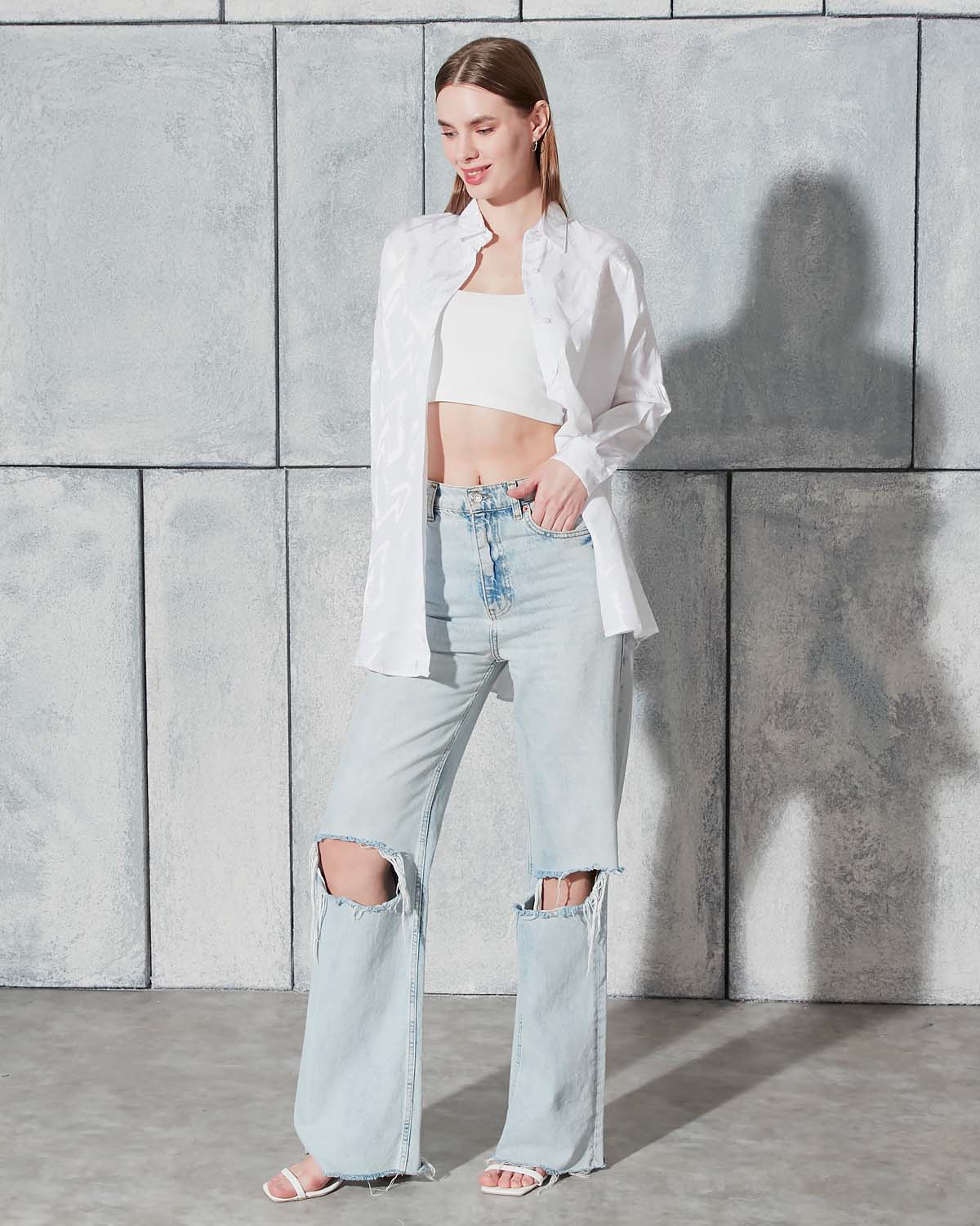 Ekru Jakarlı Saten Gömlek