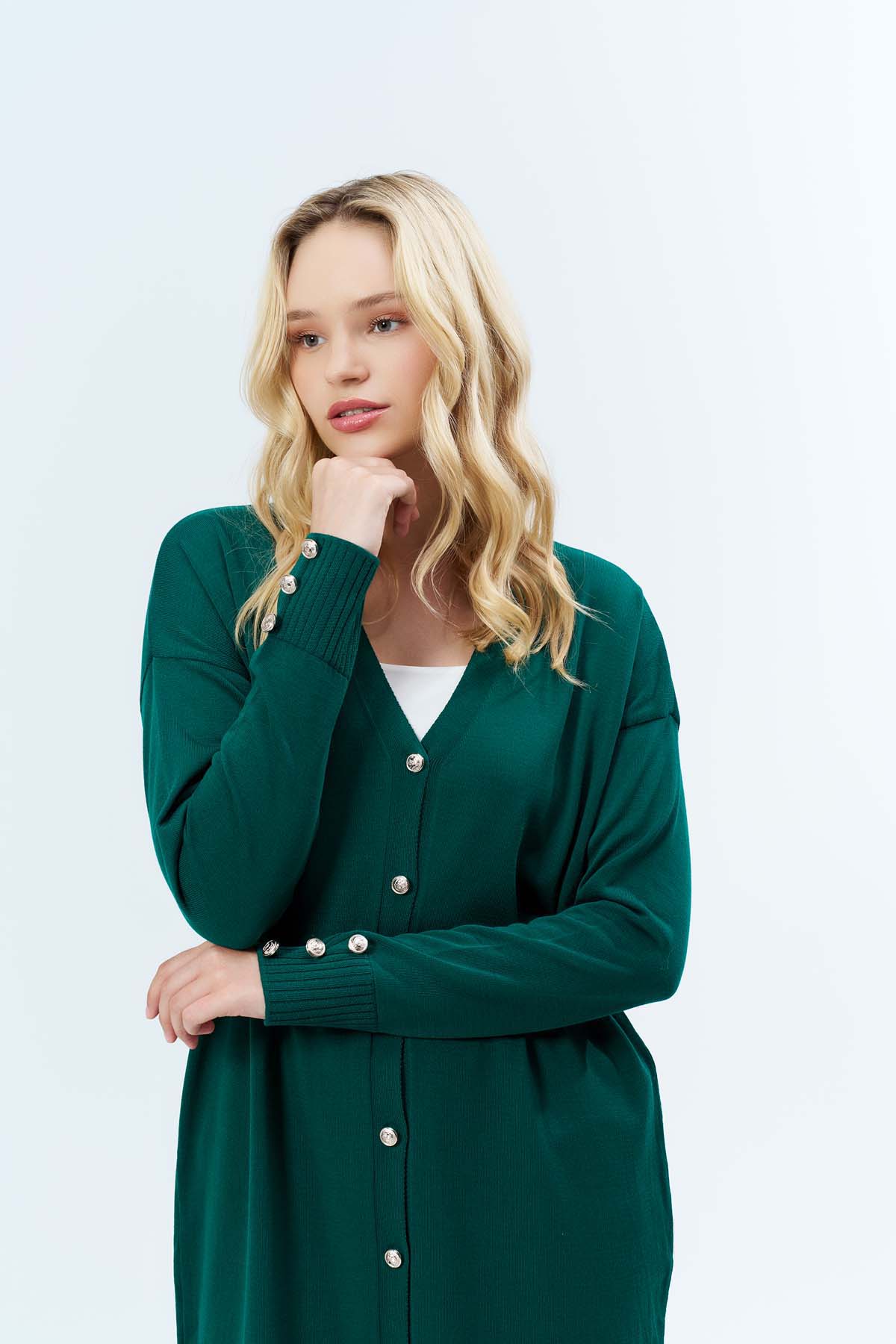 Kol Manşeti Düğmeli Uzun Hırka