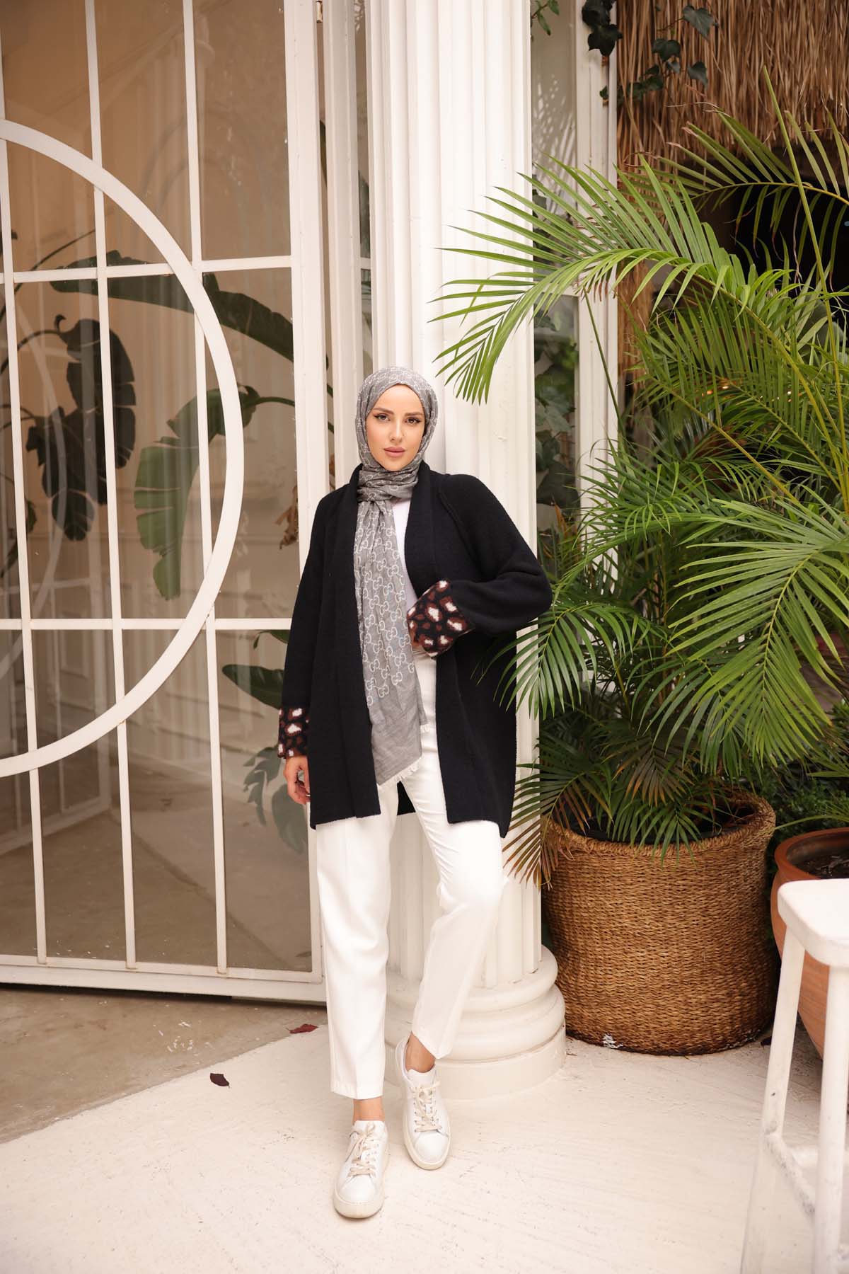 Angora Kol Manşeti Leopar Desenli Hırka