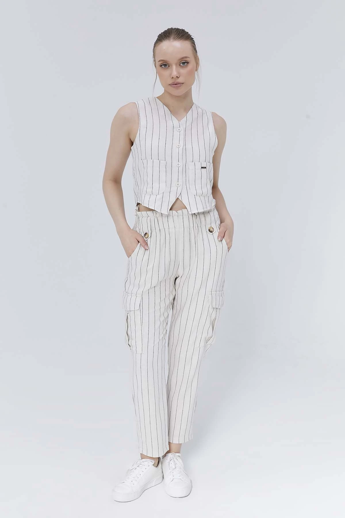 Çizgili  Keten  Yelek