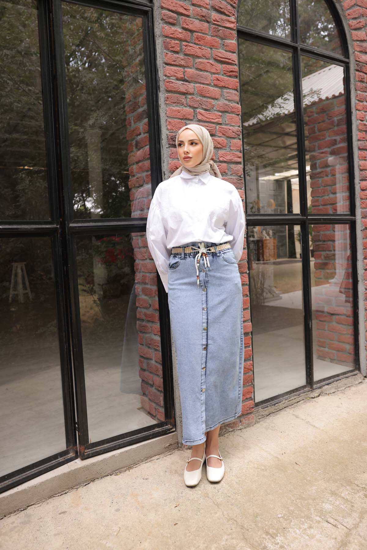 Düğmeli Kemerli Kot Etek